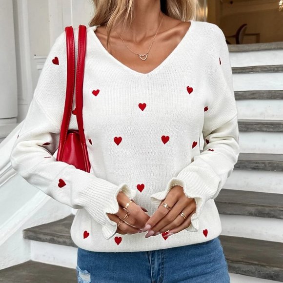 Valentine's Day Heart Print v-neck Sweater - Picture 3 of 5